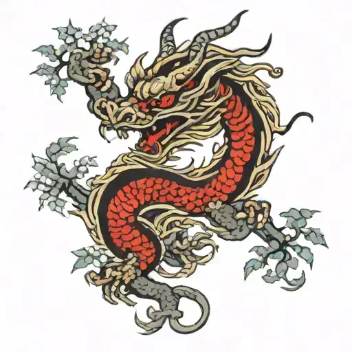 Traditional Japanese dragon with autumn tree red leafs behind it tattoo design idea