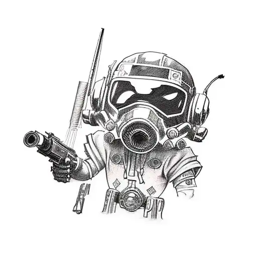 Create a tattoo design that captures the essence of the video game passion, incorporating elements from Call of Duty, Little Nightmares, and Fallout 4 tattoo design idea