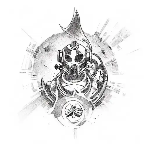 Create a tattoo design that captures the essence of the video game passion, incorporating elements from Call of Duty, Little Nightmares, and Fallout 4 tattoo design idea