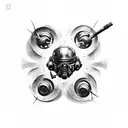 Create a tattoo design that captures the essence of the video game passion, incorporating elements from Call of Duty, Little Nightmares, and Fallout 4 tattoo design idea