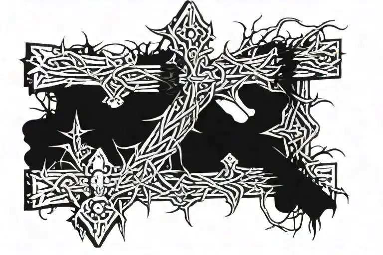 cross made out of nails, with crown of thorns on top tattoo design idea