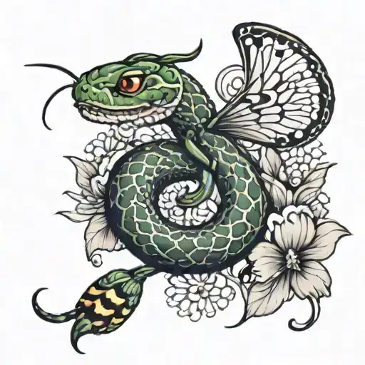 snake wrapping arm eating butterfly  tattoo design idea