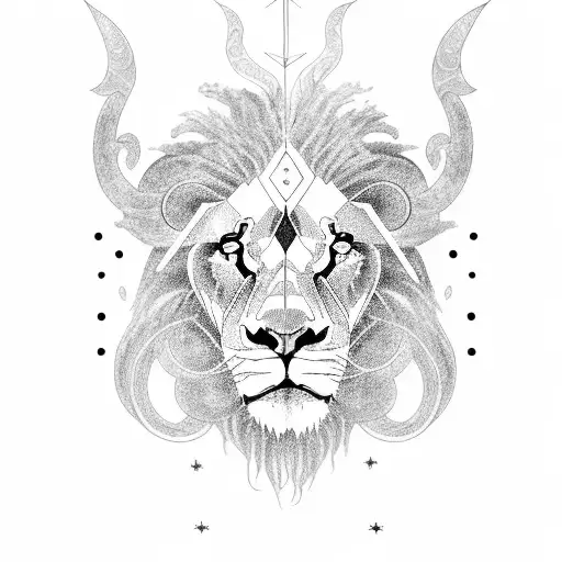 A lion and ram intertwined in a celestial constellation pattern tattoo design idea