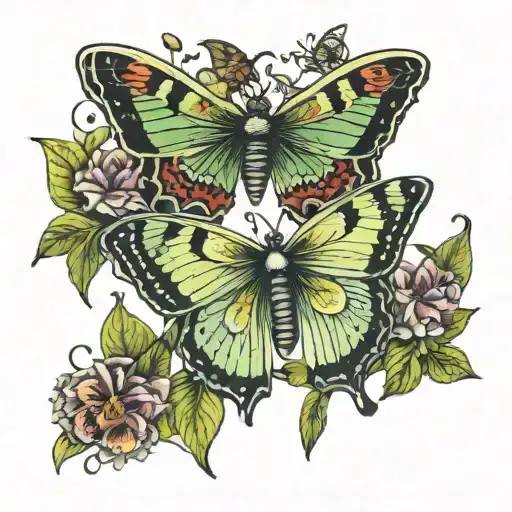 lunar moth and butterfly with plants growing tattoo design idea