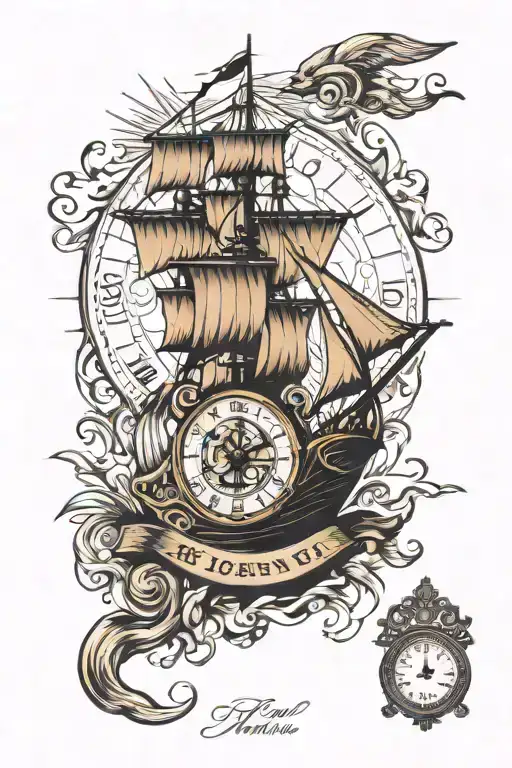 ship sailing, clock face, balance scale tattoo design idea
