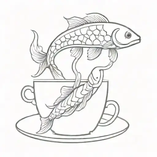 A minimalist tattoo design of a fish koi swimming gracefully in a cup of coffee, symbolizing abundance and prosperity tattoo design idea