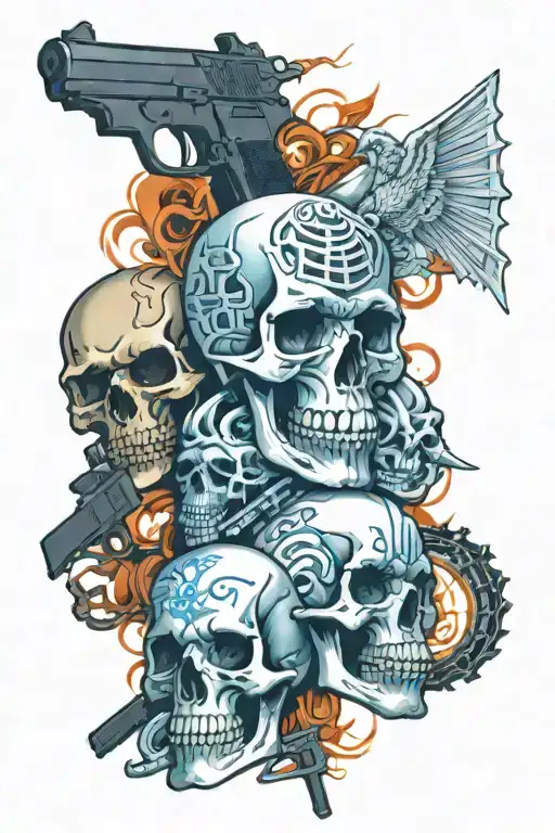 skulls, heaven vs hell, jail, guns, gangsters, love tattoo design idea