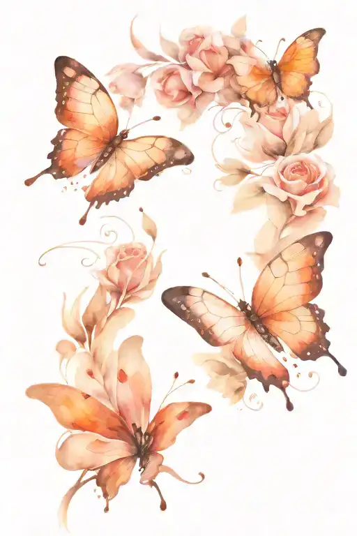 Rose orange butterfly flying tattoo design idea