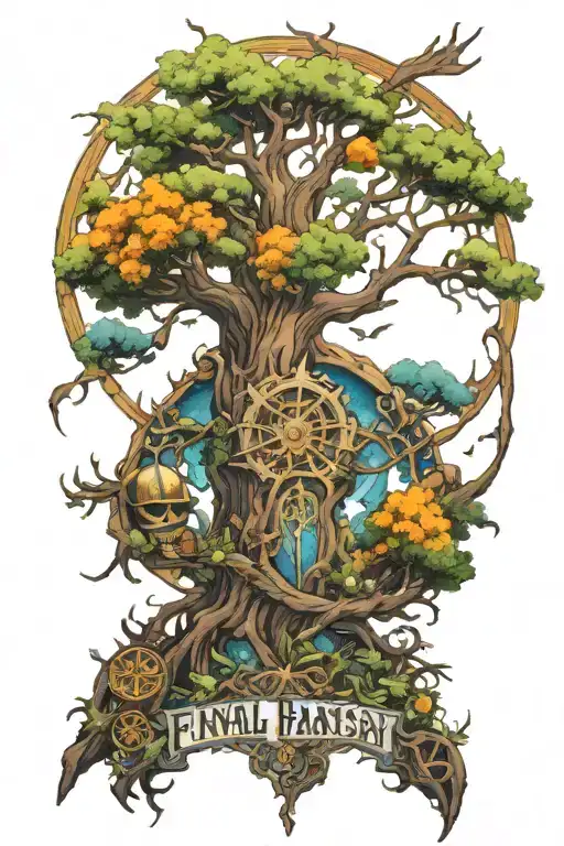 Final Fantasy X Macalania Forest mixed with the Doors of Durin from The Lord of the Rings tattoo design idea