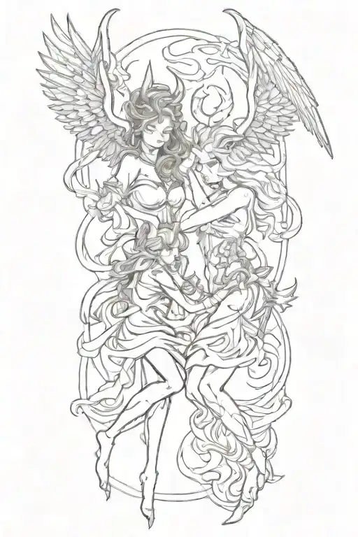 female devil and female angel fighting tattoo design idea
