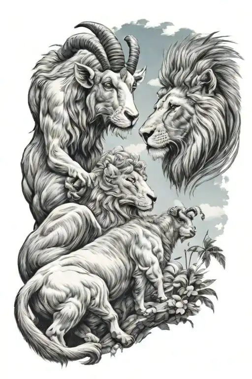 goat proposing to monkey and lion guarding them with nice blue sky tattoo design idea