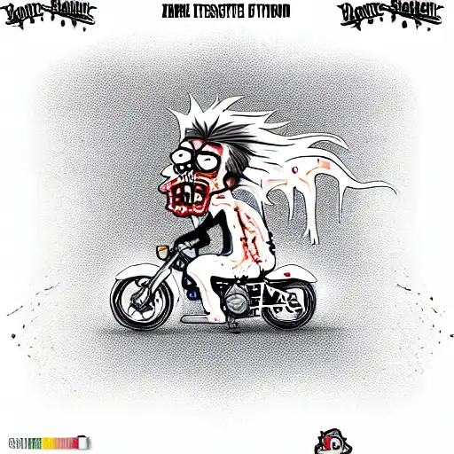 Cartoon Style Zombie Einstein riding a harley davidson motorcycle in color tattoo design idea