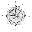 An intricate compass rose design with forest trees and ocean waves intertwined tattoo design idea