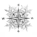 An intricate compass rose design with forest trees and ocean waves intertwined tattoo design idea