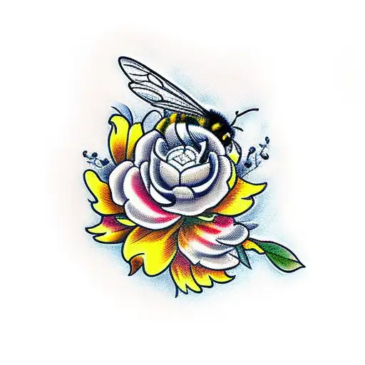 Bumble bees and flowers tattoo design idea