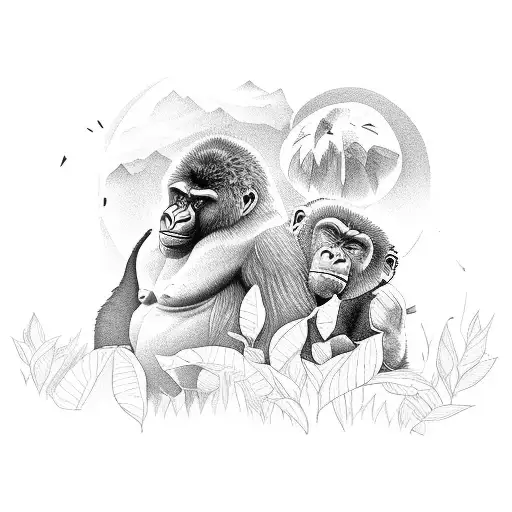 Gorilla family hiking through a lush jungle tattoo design idea