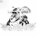Gorilla family hiking through a lush jungle tattoo design idea