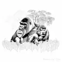 Gorilla family hiking through a lush jungle tattoo design idea