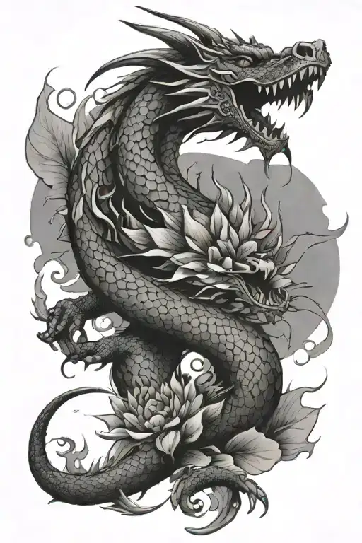 dragon with fire and lotus flowers  tattoo design idea