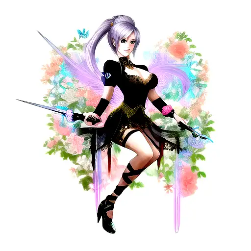 lady with dagger with colored flowers tattoo design idea