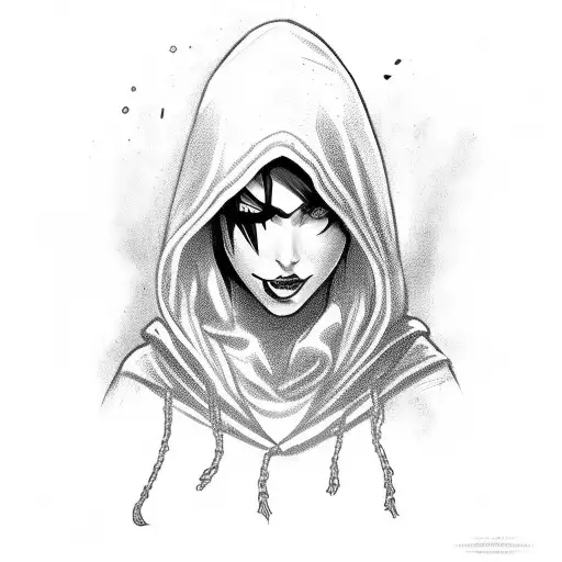 hooded female assassin with a mischevious grin holding a dagger  tattoo design idea