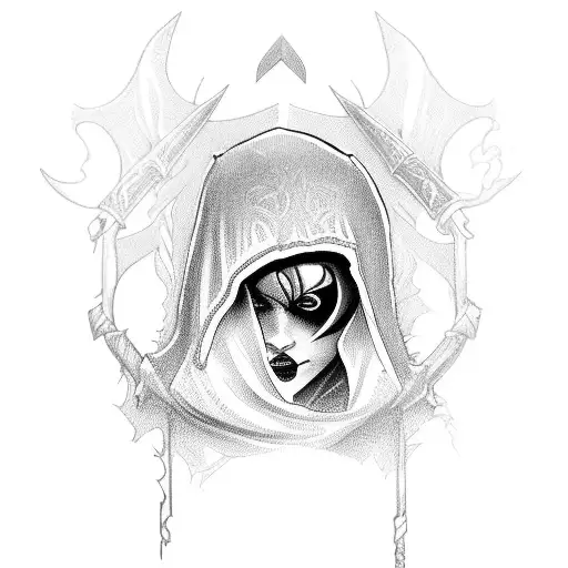 hooded female assassin with a mischevious grin holding a dagger  tattoo design idea