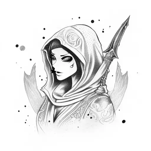 hooded female assassin with a mischevious grin holding a dagger  tattoo design idea