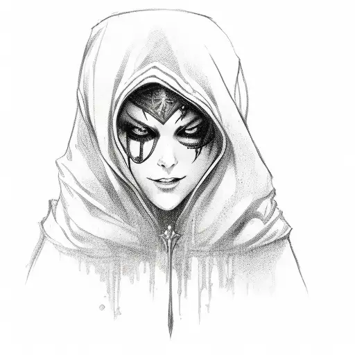 hooded female assassin with a mischevious grin holding a dagger  tattoo design idea