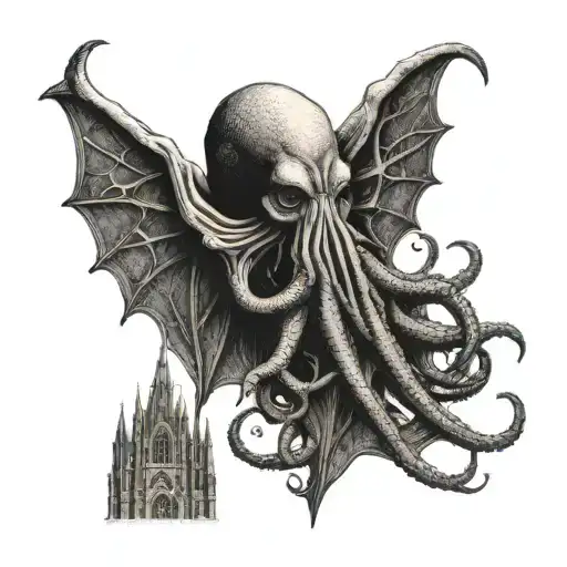 cthulu in front of gothic cathedral window tattoo design idea