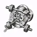 Dumbbell intertwined with film reel tattoo design idea