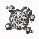 Dumbbell intertwined with film reel tattoo design idea