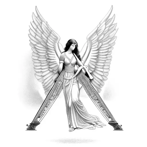 An angelic figure playing a harp with intricate black and grey detailing tattoo design idea