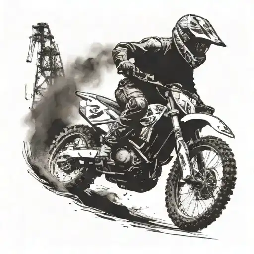 A dirt bike kicking up dust with a truck and oil rig in the background tattoo design idea