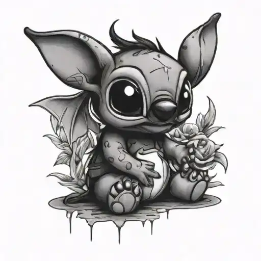 sad stitch holding tattoo design idea