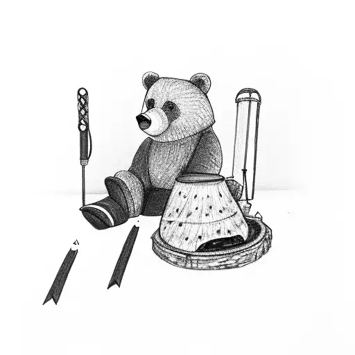 camp fire, bear, rubber boots, music notes, roasting marshmallow, tattoo design idea