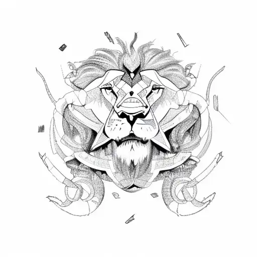 A sketch-style illustration of a lion and a scorpion intertwined tattoo design idea