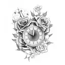 1978 Time clock with roses and doves tattoo design idea