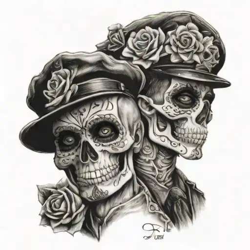 day of the dead skull, sons, love, policeman tattoo design idea