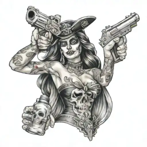 Marine, day of dead woman with tequila bottle, friends, guns tattoo design idea
