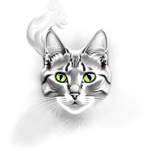 A realistic portrait of a cat surrounded by smoke from a narguile tattoo design idea