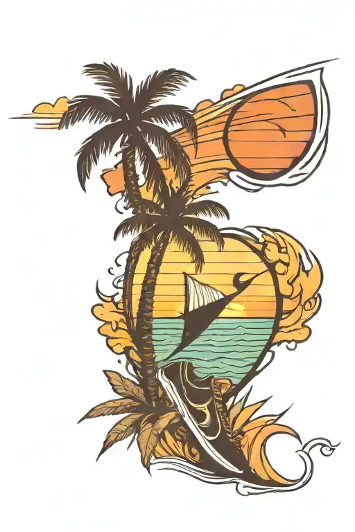 nike tennis, sunset on the beach with palm trees and waves, heart tattoo design idea