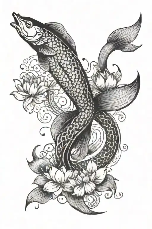 merge following yin yan with koe fish, sea waves, lotus, phoenix silhouette, Jesus cross tattoo design idea