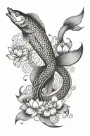 merge following yin yan with koe fish, sea waves, lotus, phoenix silhouette, Jesus cross tattoo design idea
