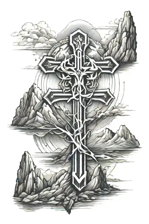 cross surrounded by mountains panorama tattoo design idea