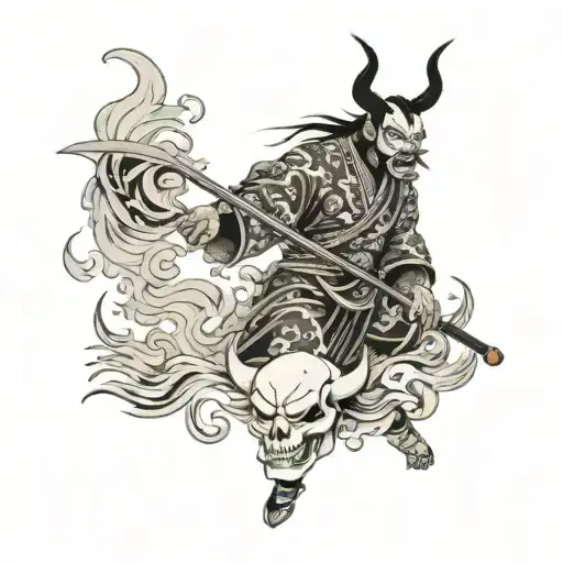 lubu with oni mask holding halberd engulfed in swirling flames tattoo design idea