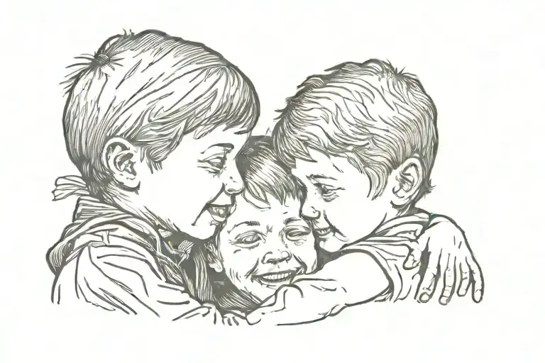 little brother hug big brother and looking at him happy and safe while big brother is looking straight . view from behin tattoo design idea