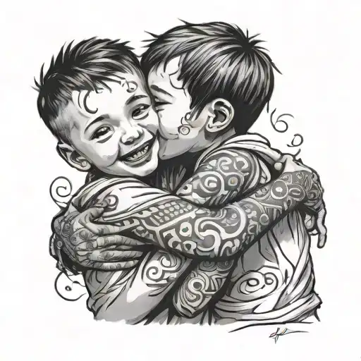 black tattoo little brother kid hugs big brother and looking at him sideways while being happy smiling and safe tattoo design idea
