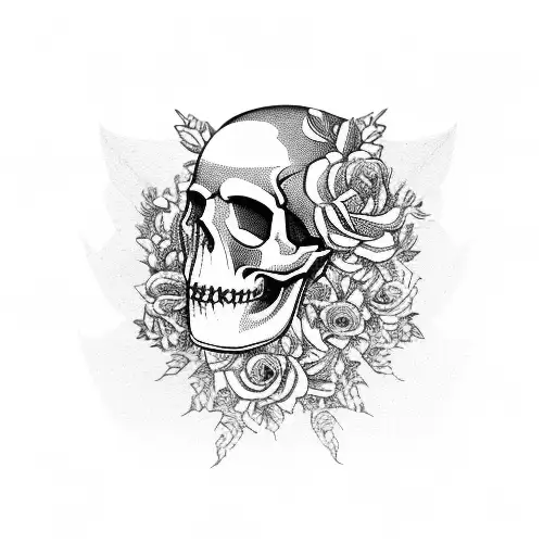 A sculpture of a skull surrounded by vibrant flowers tattoo design idea