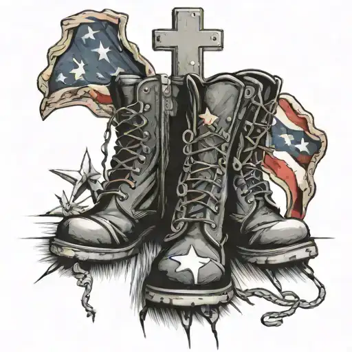 3 crosses over flag with veteran boots and m16  tattoo design idea