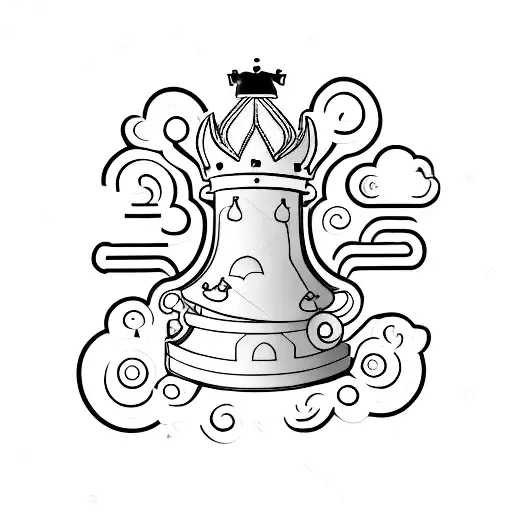 A minimalist design featuring a Zippo lighter, a rain cloud, a King chess piece, and three ravens intertwined in a symbolic composition. tattoo design idea
